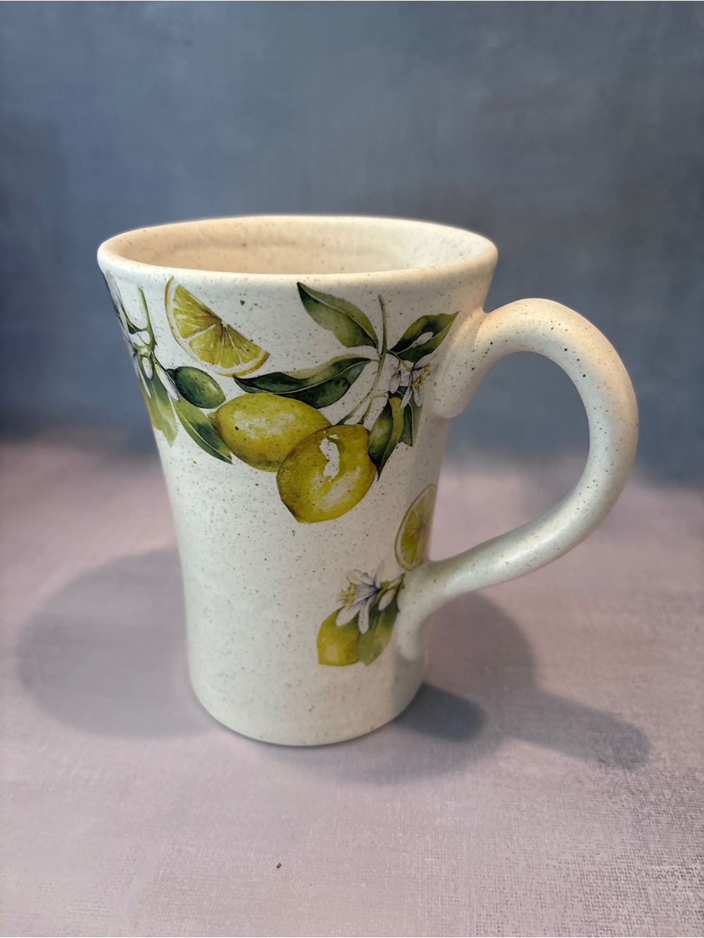 Handmade Lemon Print Ceramic Mug - Green Yellow Fruit Design